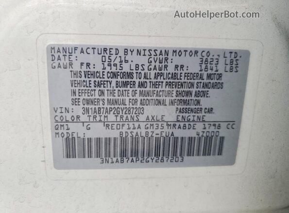 3N1AB7AP2GY287203 2016 NISSAN SENTRA White Вид наклейки з VIN-кодом