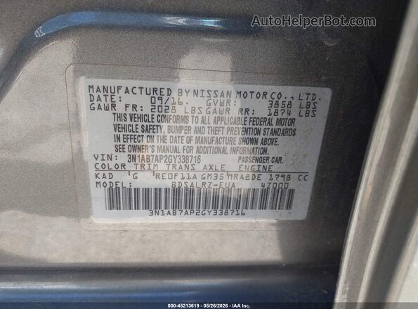 3N1AB7AP2GY338716 2016 NISSAN SENTRA Gray Vista del compartimento del motor