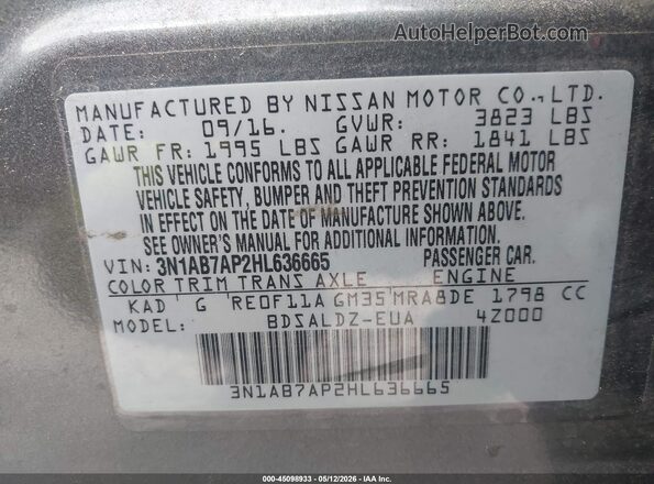 3N1AB7AP2HL636665 2017 NISSAN SENTRA Gray Widok komory silnika