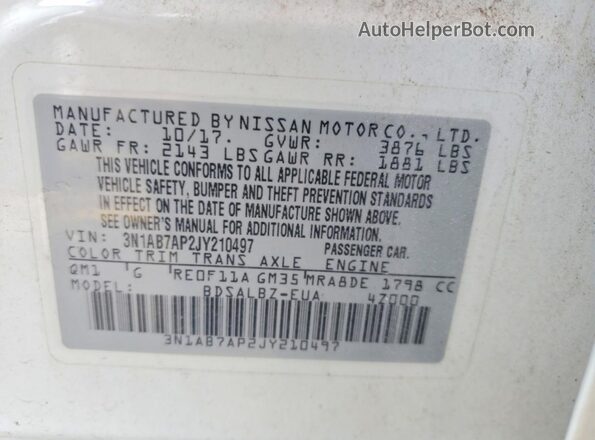 3N1AB7AP2JY210497 2018 NISSAN SENTRA White VIN კოდის სტიკერის ხედი