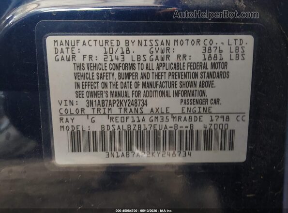 3N1AB7AP2KY248734 2019 NISSAN SENTRA Blue Vista del compartimento del motor