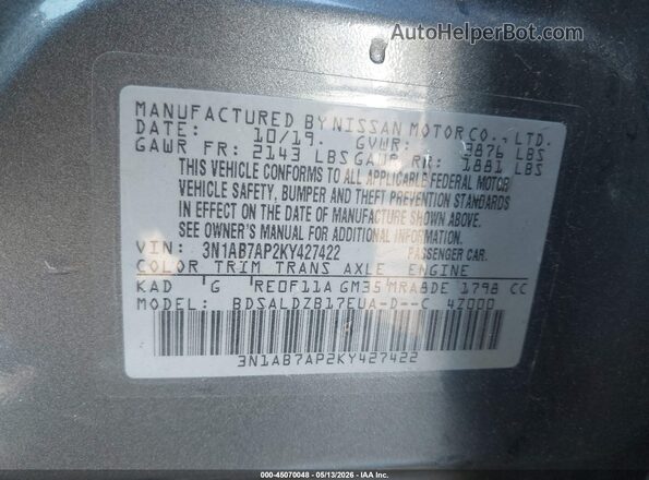 3N1AB7AP2KY427422 2019 NISSAN SENTRA Gray ძრავის განყოფილების ხედი