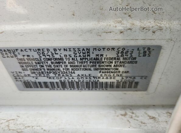 3N1AB7AP3GY324744 2016 NISSAN SENTRA White Vista del compartimento del motor