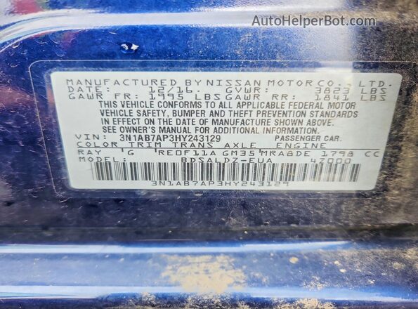 3N1AB7AP3HY243129 2017 NISSAN SENTRA Blue Engine compartment view