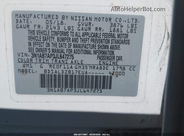 3N1AB7AP3JL647275 2018 NISSAN SENTRA White Շարժիչի բաժամունքի տեսք