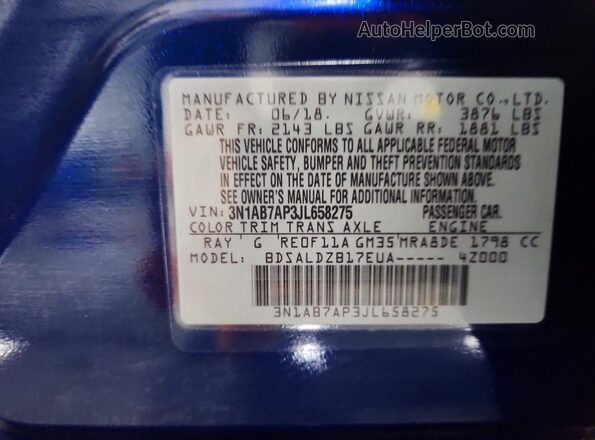 3N1AB7AP3JL658275 2018 NISSAN SENTRA Синий Вид наклейки с VIN-кодом