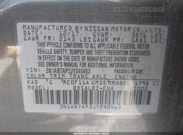 3N1AB7AP3JY240463 2018 NISSAN SENTRA Gray Вид підкапотного простору