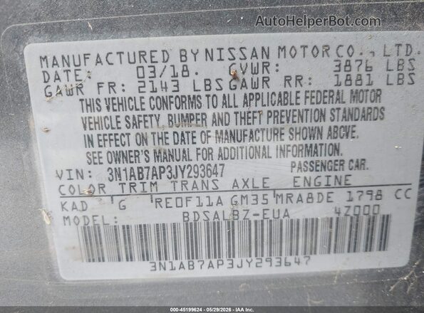 3N1AB7AP3JY293647 2018 NISSAN SENTRA Gray Շարժիչի բաժամունքի տեսք