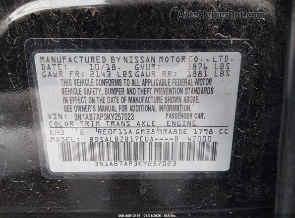 3N1AB7AP3KY257023 2019 NISSAN SENTRA Black Vista del compartimento del motor