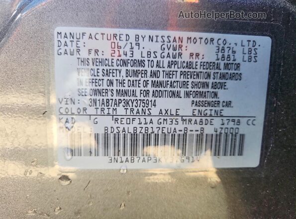 3N1AB7AP3KY375914 2019 NISSAN SENTRA Gray VIN sticker view