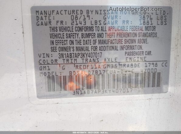 3N1AB7AP3KY407017 2019 NISSAN SENTRA White Vista del compartimento del motor
