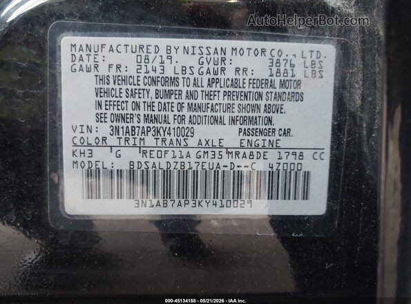 3N1AB7AP3KY410029 2019 NISSAN SENTRA Black Vista del compartimento del motor