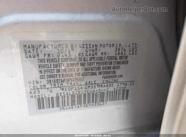 3N1AB7AP3KY435657 2019 NISSAN SENTRA Silver ძრავის განყოფილების ხედი