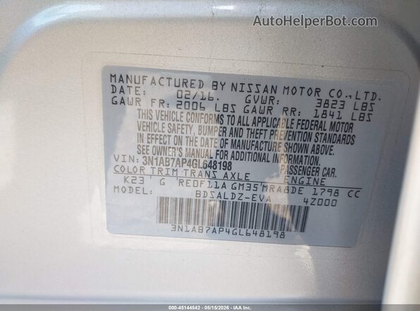 3N1AB7AP4GL648198 2016 NISSAN SENTRA Gray Vista del compartimento del motor