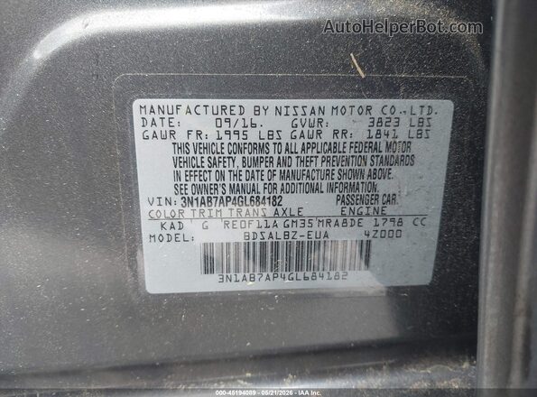 3N1AB7AP4GL684182 2016 NISSAN SENTRA Gray ძრავის განყოფილების ხედი