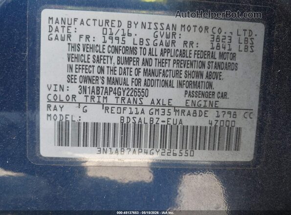 3N1AB7AP4GY226550 2016 NISSAN SENTRA Blue Vista del compartimento del motor
