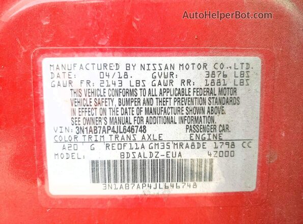 3N1AB7AP4JL646748 2018 NISSAN SENTRA Red Вид підкапотного простору