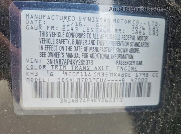 3N1AB7AP4KY265373 2019 NISSAN SENTRA Black Вид наклейки з VIN-кодом