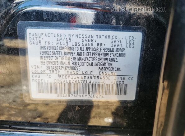 3N1AB7AP4KY280276 2019 NISSAN SENTRA Black Вид наклейки з VIN-кодом