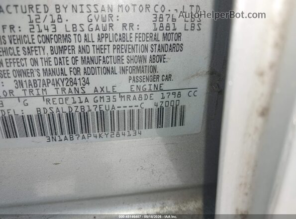 3N1AB7AP4KY284134 2019 NISSAN SENTRA Серебряный Вид подкапотного пространства