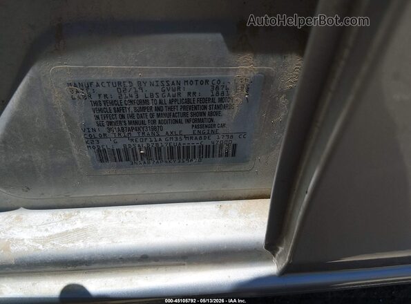 3N1AB7AP4KY319870 2019 NISSAN SENTRA Silver Շարժիչի բաժամունքի տեսք