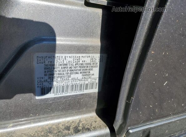 3N1AB7AP4KY417393 2019 NISSAN SENTRA Gray ძრავის განყოფილების ხედი