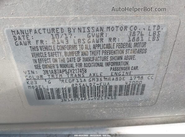 3N1AB7AP5JY217458 2018 NISSAN SENTRA Silver ძრავის განყოფილების ხედი