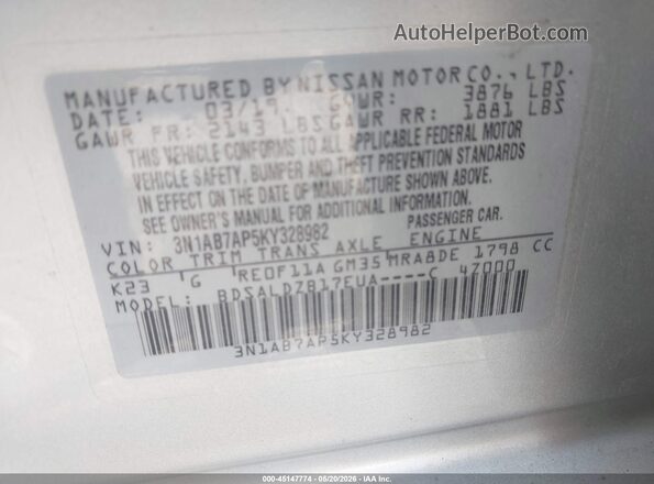 3N1AB7AP5KY328982 2019 NISSAN SENTRA Silver Շարժիչի բաժամունքի տեսք