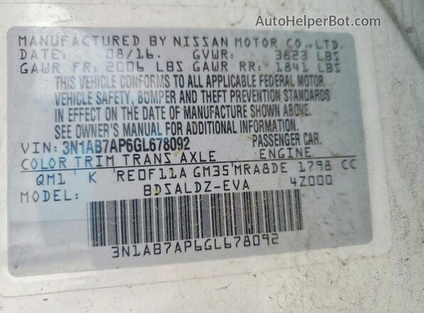 3N1AB7AP6GL678092 2016 NISSAN SENTRA White Engine compartment view