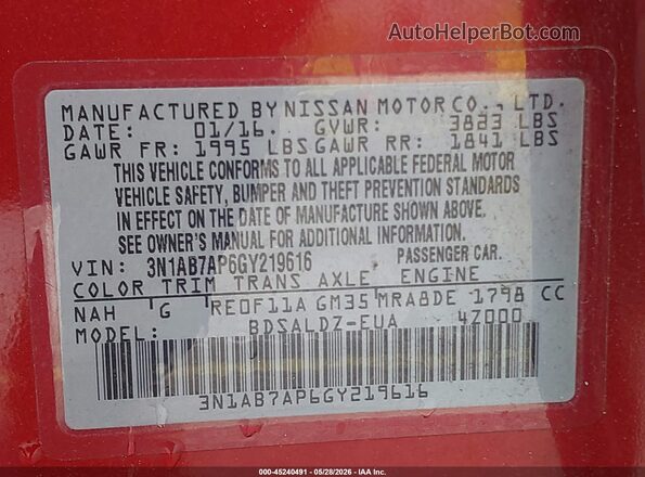 3N1AB7AP6GY219616 2016 NISSAN SENTRA Red Вид підкапотного простору