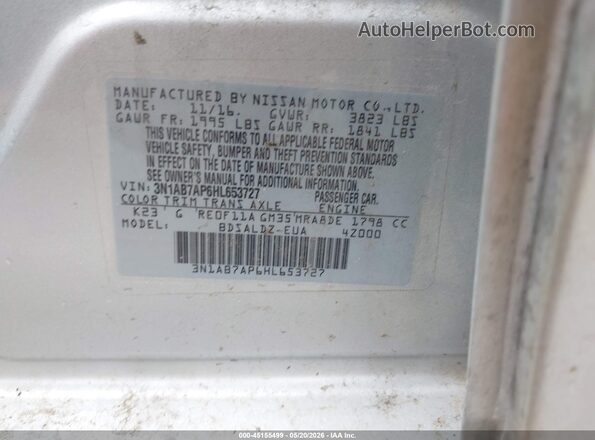 3N1AB7AP6HL653727 2017 NISSAN SENTRA Серебряный Вид подкапотного пространства