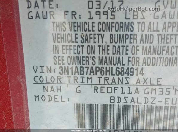 3N1AB7AP6HL684914 2017 NISSAN SENTRA Red Շարժիչի բաժամունքի տեսք