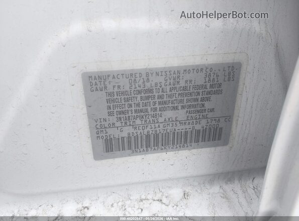 3N1AB7AP6KY214814 2019 NISSAN SENTRA White Widok komory silnika