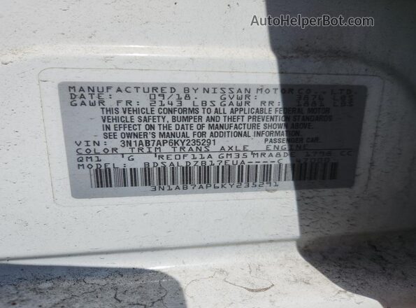 3N1AB7AP6KY235291 2019 NISSAN SENTRA White Vista de la etiqueta del VIN
