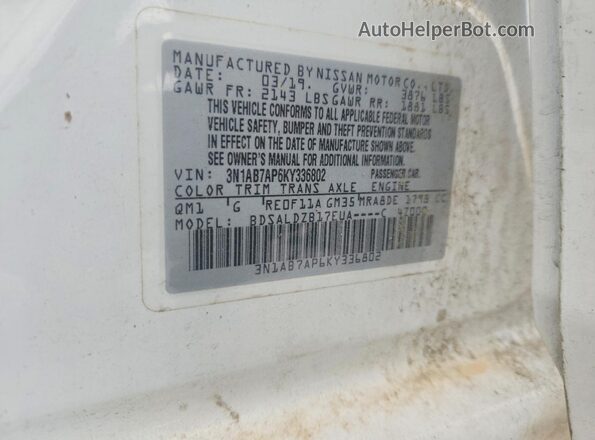 3N1AB7AP6KY336802 2019 NISSAN SENTRA White VIN კოდის სტიკერის ხედი