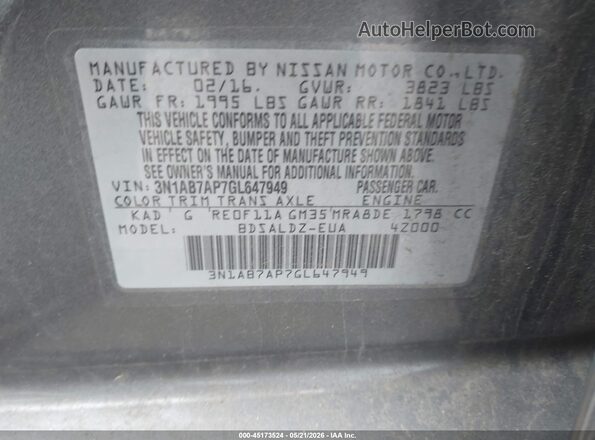 3N1AB7AP7GL647949 2016 NISSAN SENTRA Gray Вид підкапотного простору