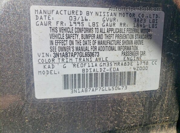 3N1AB7AP7GL650673 2016 NISSAN SENTRA Серый Вид подкапотного пространства