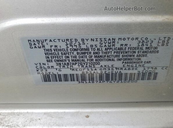 3N1AB7AP7GY210200 2016 NISSAN SENTRA Silver VIN კოდის სტიკერის ხედი