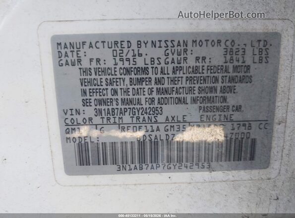 3N1AB7AP7GY242953 2016 NISSAN SENTRA White Vista del compartimento del motor