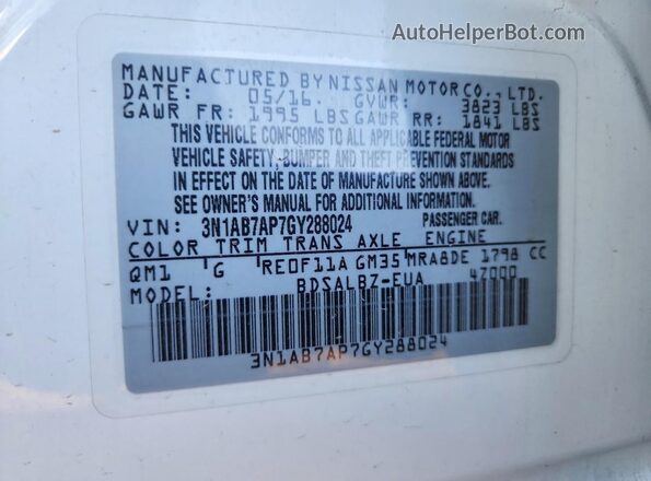 3N1AB7AP7GY288024 2016 NISSAN SENTRA White Vista de la etiqueta del VIN