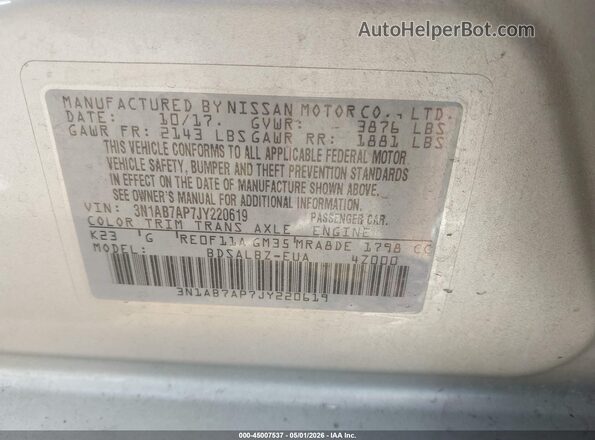 3N1AB7AP7JY220619 2018 NISSAN SENTRA Silver Շարժիչի բաժամունքի տեսք