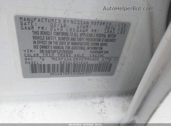 3N1AB7AP7JY268959 2018 NISSAN SENTRA White ძრავის განყოფილების ხედი
