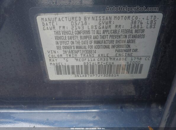 3N1AB7AP7JY308814 2018 NISSAN SENTRA Blue Вид підкапотного простору
