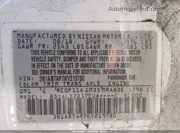 3N1AB7AP7KY219780 2019 NISSAN SENTRA White Widok komory silnika