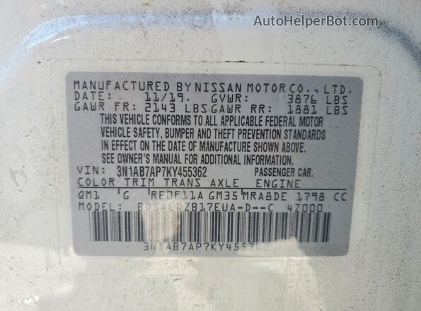3N1AB7AP7KY455362 2019 NISSAN SENTRA White Widok komory silnika