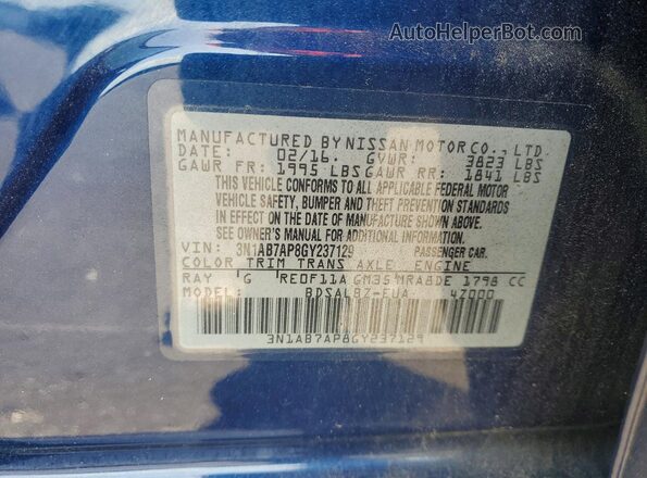 3N1AB7AP8GY237129 2016 NISSAN SENTRA Синий Вид наклейки с VIN-кодом