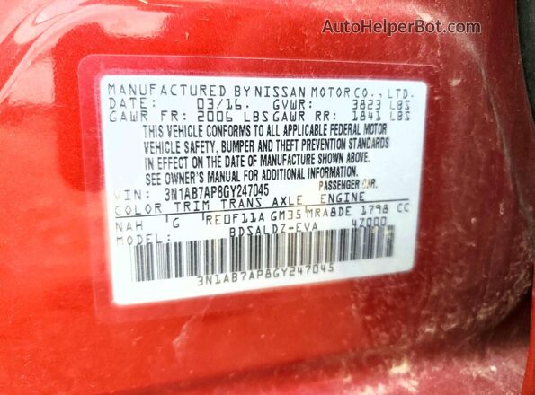 3N1AB7AP8GY247045 2016 NISSAN SENTRA Красный Вид подкапотного пространства