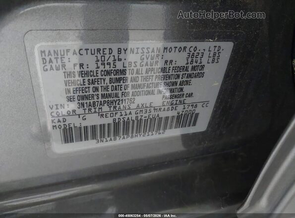 3N1AB7AP8HY211762 2017 NISSAN SENTRA Серый Вид подкапотного пространства