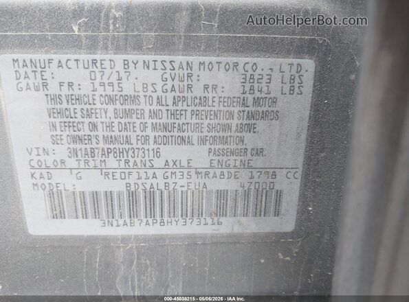 3N1AB7AP8HY373116 2017 NISSAN SENTRA Gray Widok komory silnika