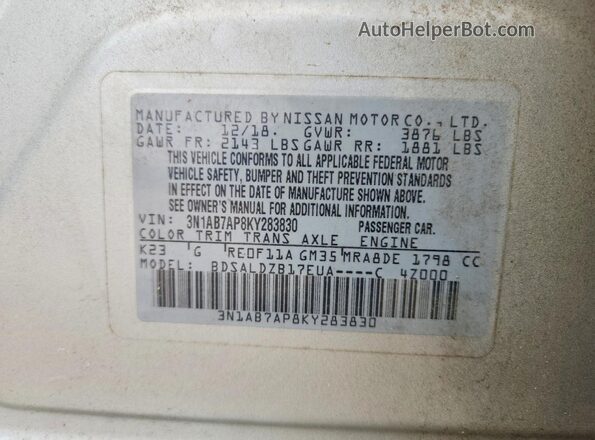 3N1AB7AP8KY283830 2019 NISSAN SENTRA Silver Շարժիչի բաժամունքի տեսք